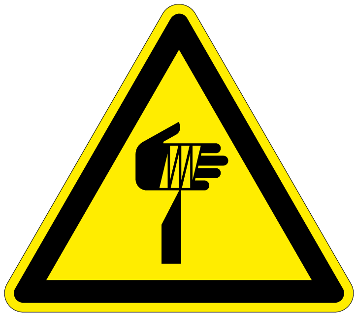 pictogram scherpe elementen, geel zwart, driehoek, iso 7010, w022, handje op punt